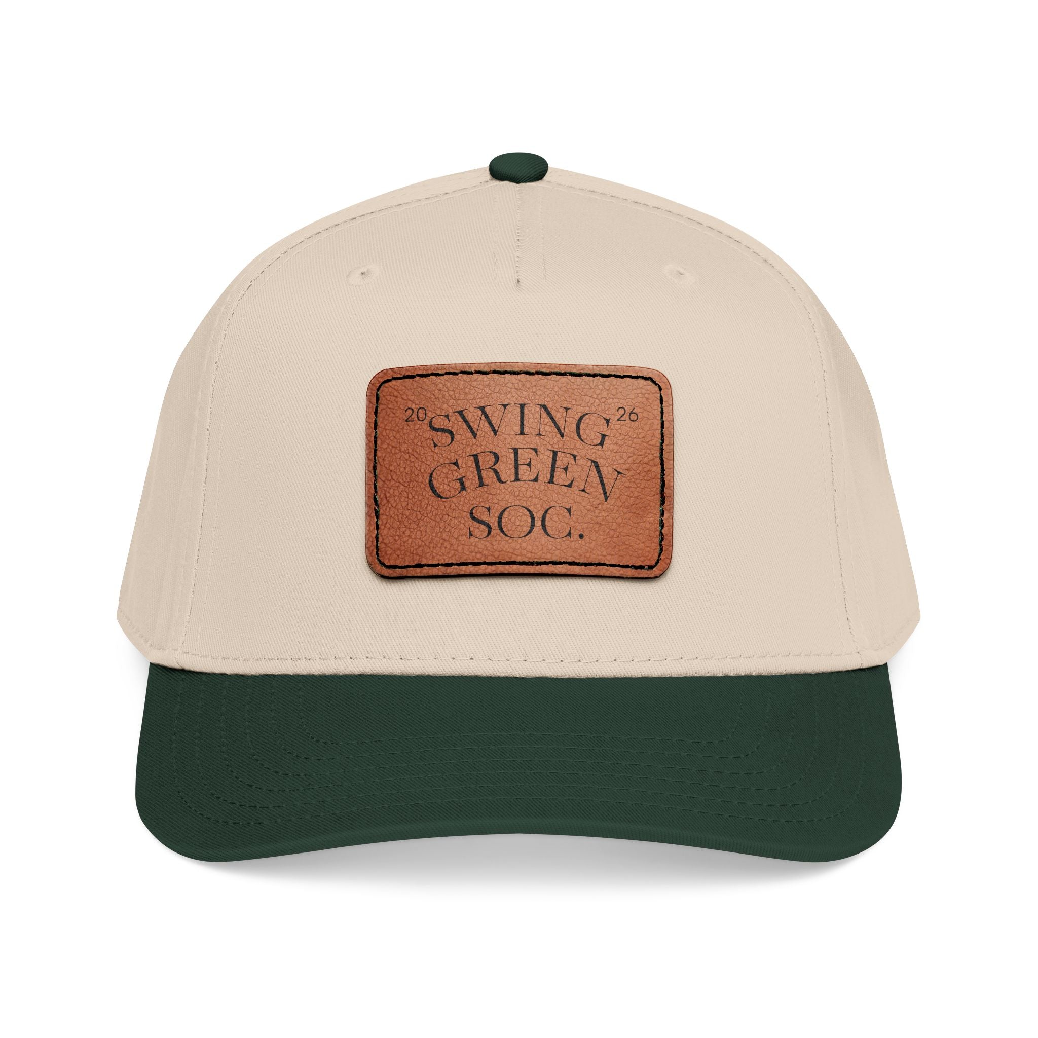 Leather Patch Baseball Cap — "Swing Green Soc" Mid-Profile Hat