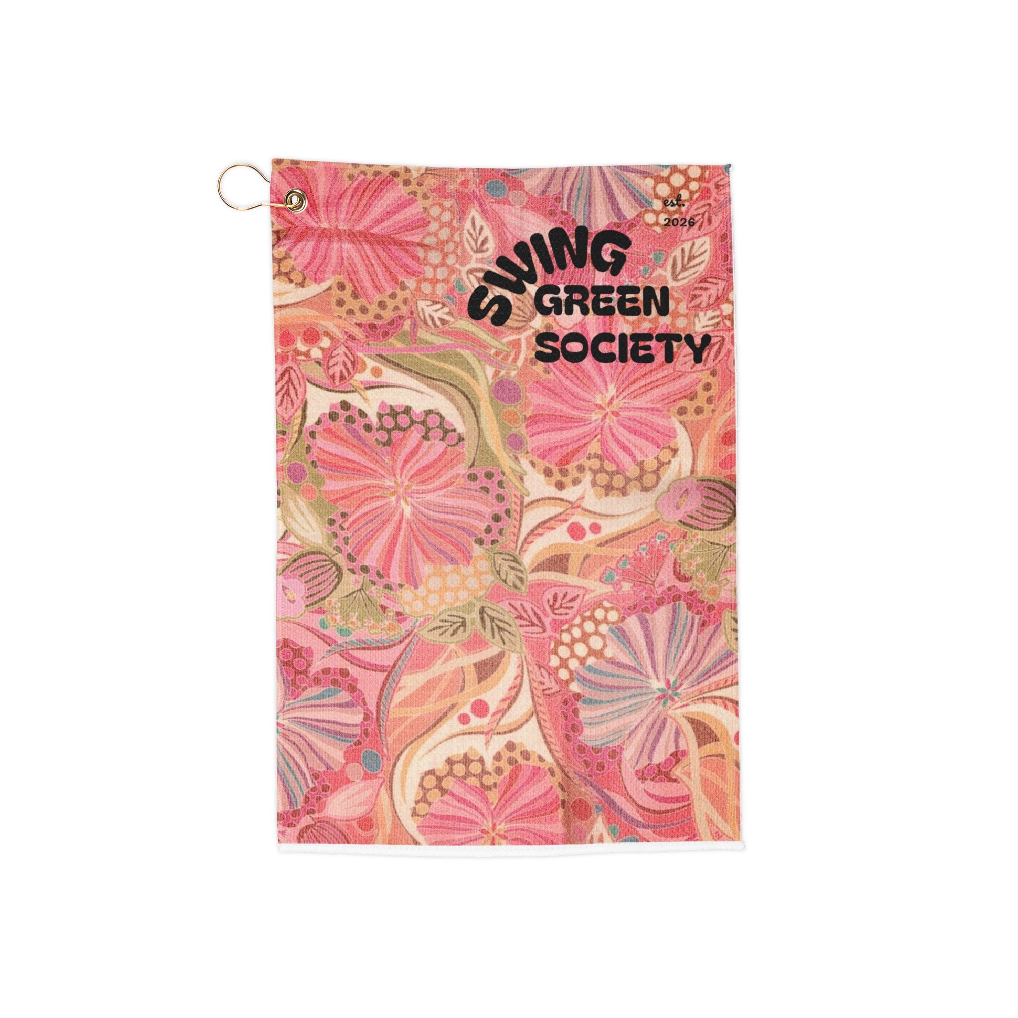 Swing Green Society Floral Golf Towel — Pink Vintage Pattern with Hook