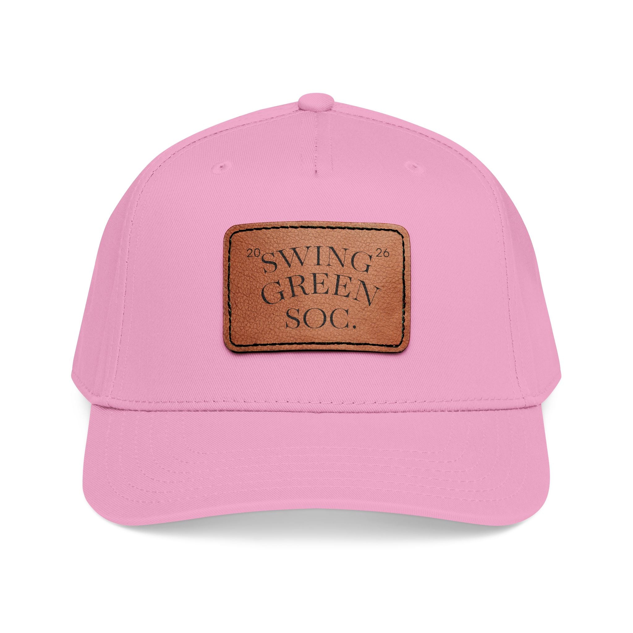 Leather Patch Baseball Cap — "Swing Green Soc" Mid-Profile Hat