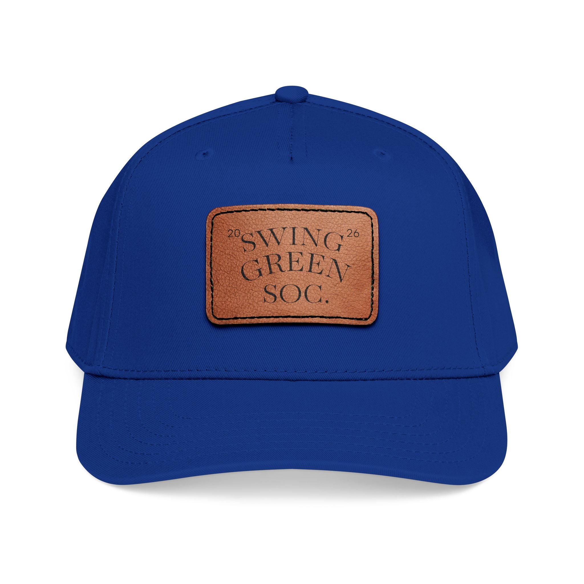 Leather Patch Baseball Cap — "Swing Green Soc" Mid-Profile Hat