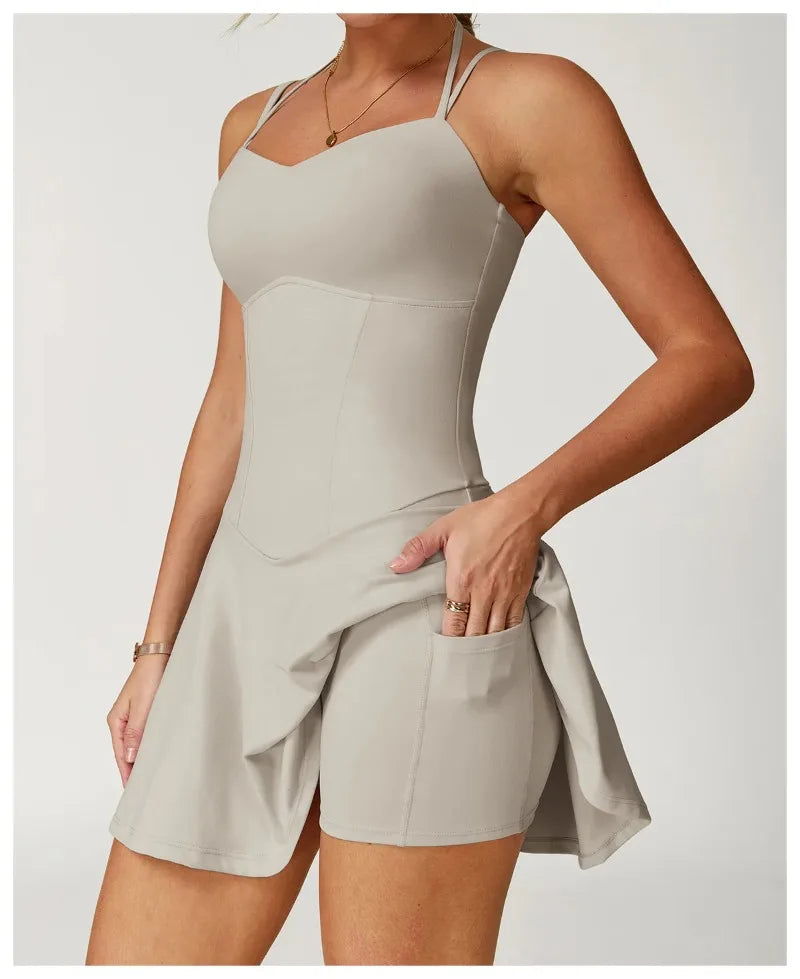 Womens Quick-Dry Sports Dresses Casual Tennis Dress Workout Golf Skirts Athletic Skorts With Side Pocket Jumpsuit